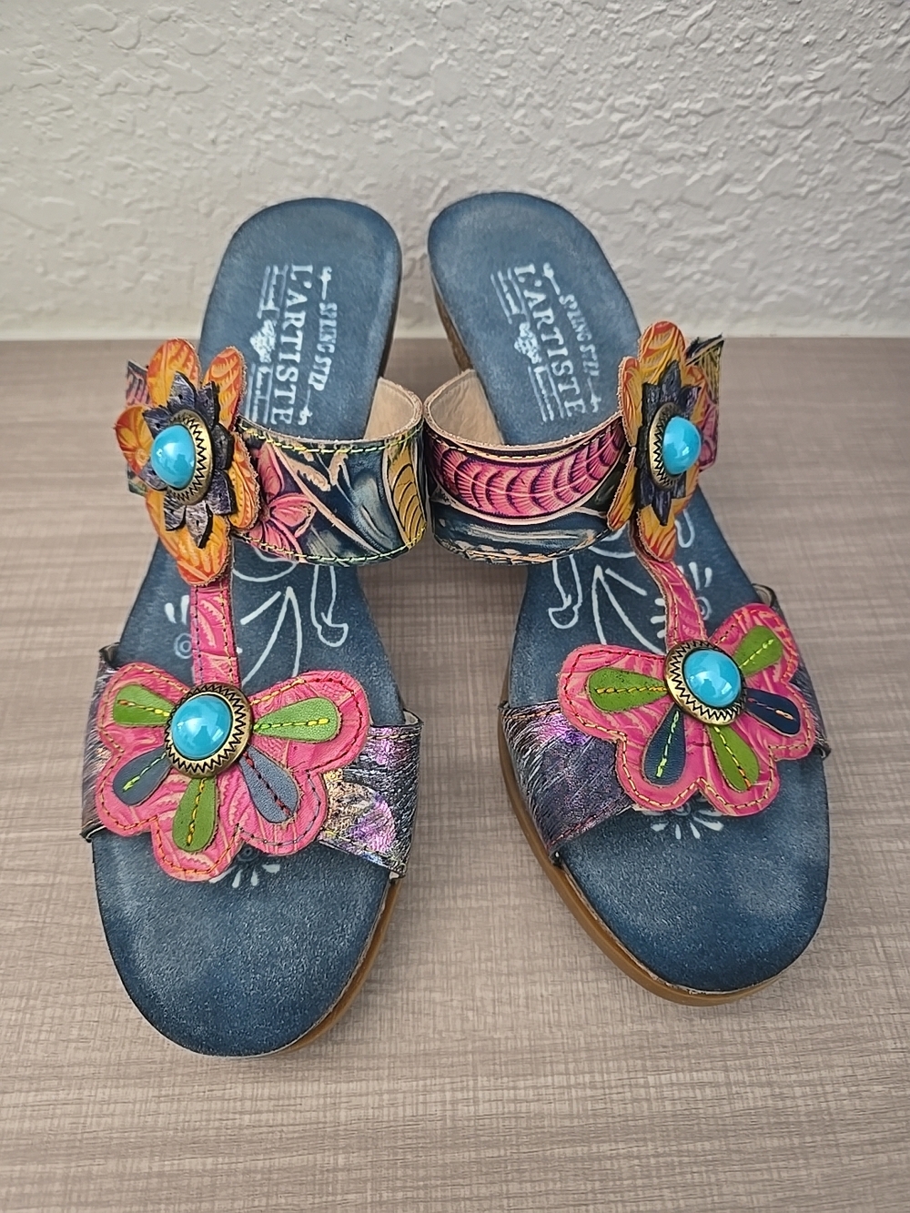 L'Artiste Spring Step Bari Floral Leather Heeled Sandals Blue Multi Women's 41